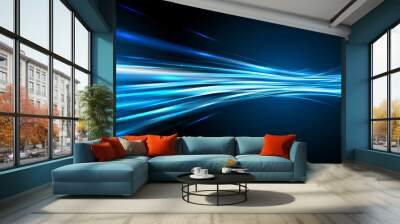 Abstract, science, futuristic, energy technology concept. Digital image of light rays, blue luminous lines, speed and motion blur photo on dark blue background Wall mural