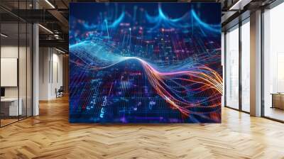 Big data technology Data science analysing artificial intelligence generative AI deep learning machine learning algorithm Neural flow network analytics innovation abstract futuristic. 3d rendering. Wall mural