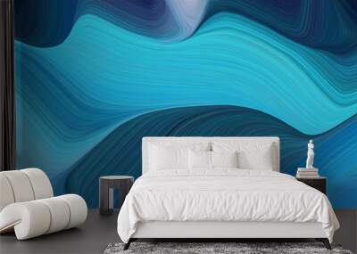 Colourful horizontal banner. modern waves background design, turquoise blue, very dark blue and slate grey colour. Wall mural