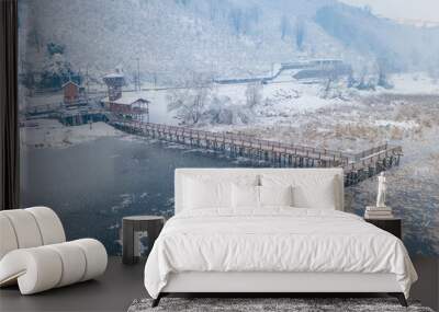 frozen lake and wooden pier aerial photo Wall mural