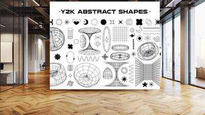 Abstract y2k geometric shapes and wireframe model isolated on white background. Set of Black and white retro line aesthetic design elements. Vector illustration on transparent background. Wall mural