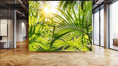 a leafy green palm tree with a bright sun shining through the leaves Wall mural