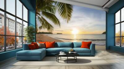 beautiful panoramic sunset tropical paradise beach tranquil summer vacation or holiday landscape tropical sunset beach seaside palm calm sea panorama exotic nature view inspirational seascape scenic Wall mural