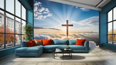 christian cross appeared bright in the sky with soft fluffy clouds white beautiful colors with the light shining as hope love and freedom in the sky background Wall mural