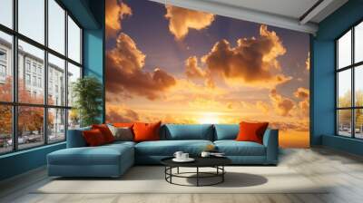 golden sunrise sky with cumulus clouds and sun Wall mural