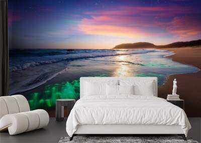 magical bioluminescent beach at sunset a mesmerizing vista unfolds on a secluded beach where the waves crash onto the shore illuminating the sand with a breathtaking display of bioluminescent light Wall mural