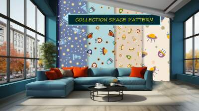 Ufo, space. Set of vector illustration patterns. Stars, rockets, planets. Fabrics and textiles for baby, children, kid. Seamless, endless universe background with aliens. Collection of cosmic patterns Wall mural