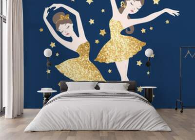 Ballet dance illustration with cute ballerinas in gold glitter tutu dresses and stars on blue background Wall mural