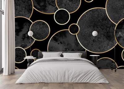 Seamless abstract geometric pattern with gold lines and gray watercolor circles on black background Wall mural