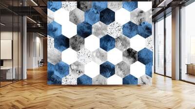 Seamless abstract geometric pattern with gray and deep blue watercolor hexagons Wall mural