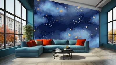 Seamless dark blue night sky pattern with gold foil constellations, stars and watercolor clouds Wall mural