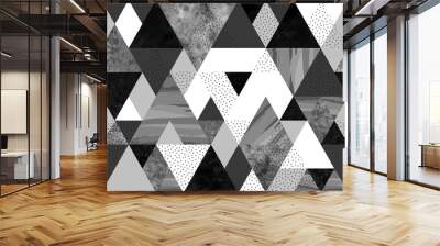 Seamless geometric abstract pattern with black, spotted and gray watercolor triangles on white background Wall mural