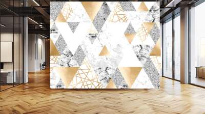 Seamless geometric pattern with gold metallic lines, silver glitter, gray and marble triangles Wall mural