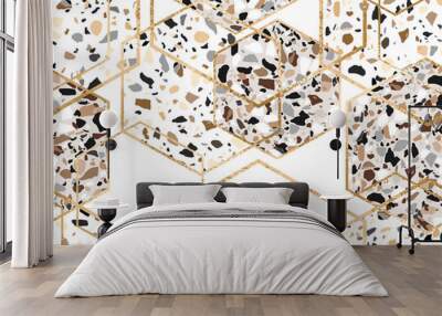 Seamless stone hexagon geometric pattern with gold glitter lines and terrazzo polygons Wall mural