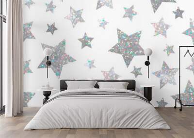 Sparkle seamless pattern with holographic silver glitter stars on white background Wall mural