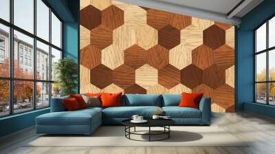 Vector seamless pattern with wooden polygon planks. Old wood texture hexagon parquet background Wall mural