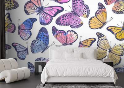 Vintage seamless pattern with pastel watercolor butterflies on white background Wall mural