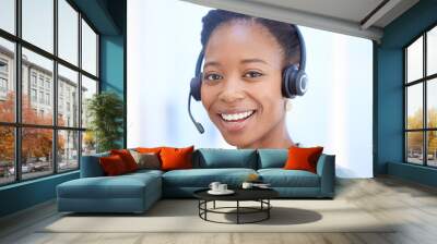 Call center, customer support and portrait of black woman working in modern office. Crm, ecommerce sales and happy telemarketing agent consulting online with communication on microphone headset. Wall mural