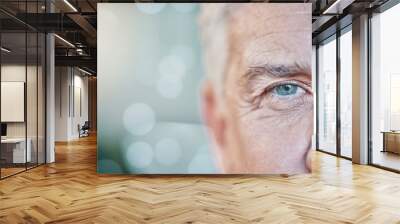 Retina, vision and mockup with blue eye of old man for focus, optometry and healthcare. Iris, human and awareness with senior male and pupil for sight, natural and ophthalmology on bokeh background Wall mural