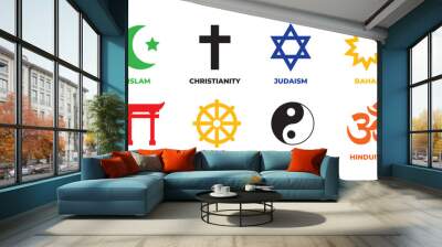 Set of simple design pluralism colorful icon ; Religion symbol ; Sign of major religious group ; Islam, Christianity, Judaism, Bahai, Shinto, Buddhism, Taoism, Hinduism  Wall mural