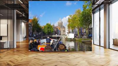 Amsterdam Netherlands dancing houses over river Amstel landmark besides Grachten canals with city skyline old town historic architecture Delft style	 Wall mural