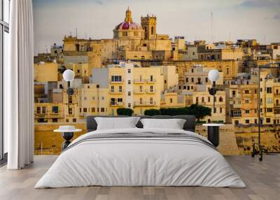 Scenic and beautiful panoramic view of picturesque historic old town of La Valletta on Malta island in the Med, popular tourist travel destination rich of history and World Heritage Site of UNESCO Wall mural