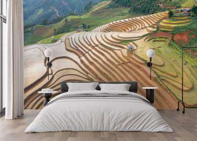 Aerial top view of fresh paddy rice terraces, green agricultural fields in countryside or rural area of Mu Cang Chai, mountain hills valley in Asia, Vietnam. Nature landscape background. Wall mural