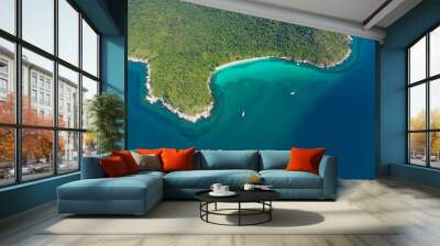 Aerial view of boats with clear blue turquoise seawater, Andaman sea in Phuket island in summer season, Thailand. Water in ocean material pattern texture wallpaper background. Wall mural