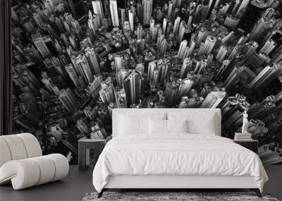 Black and white of aerial view of Hong Kong Downtown. Financial district and business centers in smart city in Asia. Top view of skyscraper and high-rise buildings. Wall mural