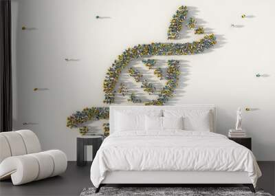 Large group of people forming DNA, helix model medicine symbol in social media and community concept on white background. 3d sign of crowd illustration from above gathered together Wall mural