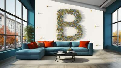 Large group of people forming letter B, capital English alphabet text character in social media and community concept on white background. 3d sign symbol of crowd illustration from above Wall mural