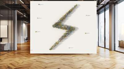 Large group of people forming lightning bolt symbol in social media and community concept on white background. 3d sign of crowd illustration from above gathered together Wall mural