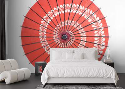 Red japanese umbrella with pattern isolated on white background. Symbol of protection. Traditional and culture design. Wall mural