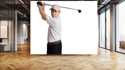 Asian Chinese Man Swinging Golf Club for the shot Wall mural