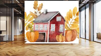 Autumn cartoon house with oak leaves, mushrooms and acorns watercolor painting. Fall teapot home with foliage decoration Wall mural