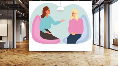 Consultation-conversation of a psychologist or psychotherapist. Serious conversation between two women. The sympathetic attitude of one girl towards another. Vector isolated illustration flat style Wall mural