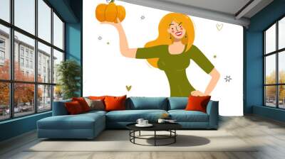 Happy woman holding a pumpkin. The lady is holding a pumpkin. Cozy autumn illustration for Thanksgiving or Halloween. Isolated flat vector illustration. Pumpkin and funny girl for holiday decoration. Wall mural