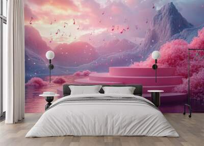 Floating Podium Amidst Musical Notes in Serene Landscape Wall mural