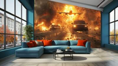 Intense Military Action Scene with Explosions, Aircraft, and Armored Vehicles in a Warzone Wall mural