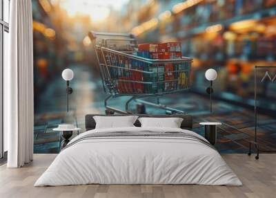 Shopping Cart in Market Aisle with Products, Capturing the Essence of Retail Wall mural