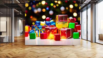 a pile of gifts in colorful bright boxes on a white mirror surface in the background in defocus a new year tree with burning lights, creating a festive and magical holiday atmosphere Wall mural