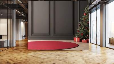 A cozy room featuring a decorated Christmas tree, red rug, and presents, set against a stylish dark wall backdrop. Wall mural