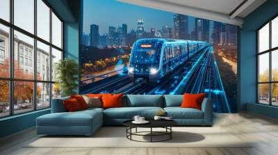 A train is traveling down a track in a city at night Wall mural