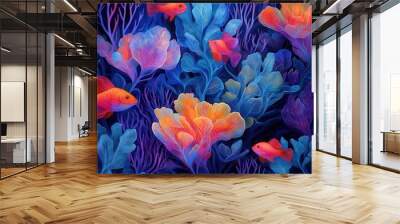 A vibrant underwater scene featuring colorful fish among luminous corals and aquatic plants, creating a magical marine atmosphere. Wall mural