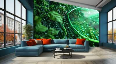 Antivirus symbol enveloped in green vines and circuitry, copy space, ecotechnology theme, dynamic, manipulation, ecoconscious design backdrop Wall mural