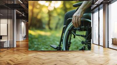 Close-up of a person's Elderly people hand on a wheelchair wheel outdoors Wall mural