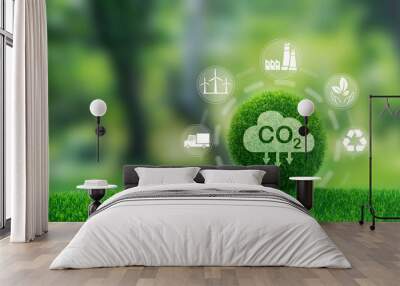 CO2 emission reduction concept with environmental icons, global warming, sustainable development and renewable energy green business background. Wall mural