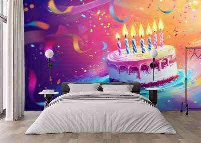 Colorful Birthday Cake with Candles and Confetti Celebration Illustration Wall mural