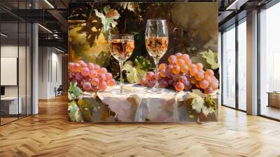 Elegantly Displayed Grapes and Wine Glasses on a Lush Autumnal Spread Wall mural