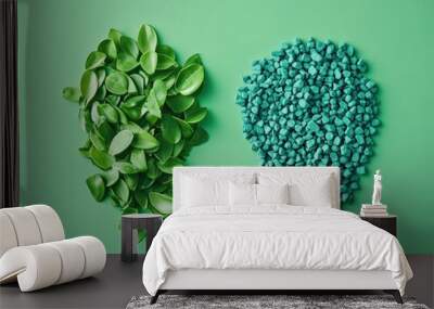 Green Leaves and Biodegradable Plastic Granules on Green Background, Representing Sustainable and Eco-Friendly Solutions for a Greener Future Wall mural